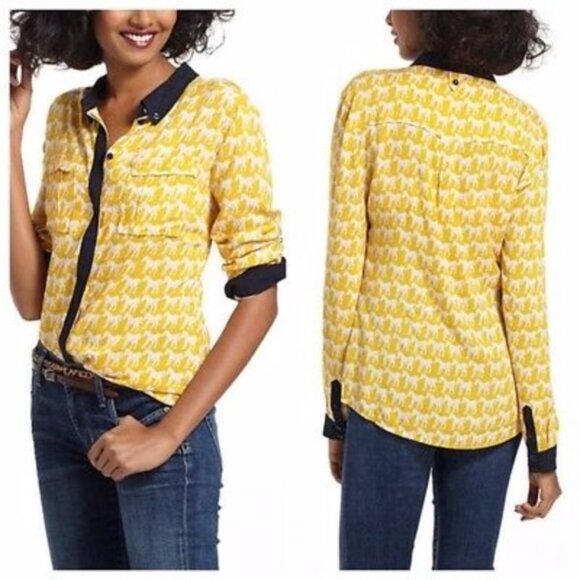 Maeve Anthropologie Women's Yellow Horse Navy Trim Bagatelle Button Blouse Sz 6 - Picture 13 of 13
